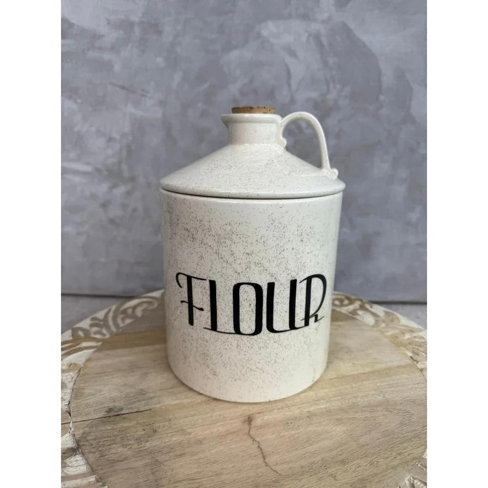Vintage Style‎ Speckled Ceramic Flour Canister Jar with Handled Lid Cork 8.5in
